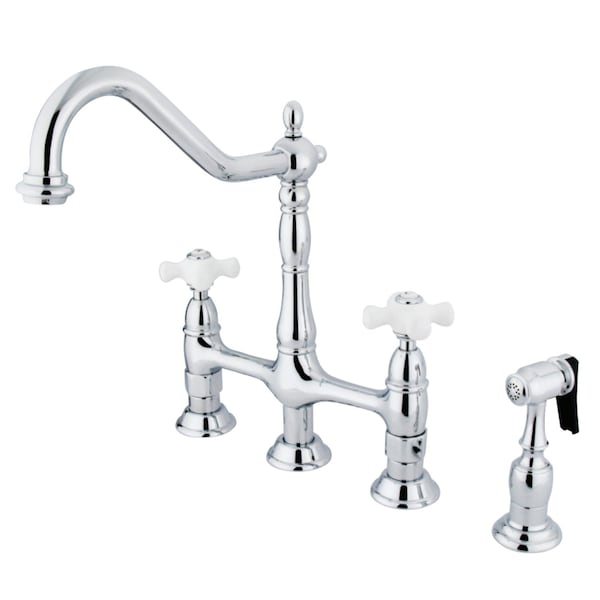 KS1271PXBS Heritage Bridge Kitchen Faucet W/ Brass Sprayer, Chrome